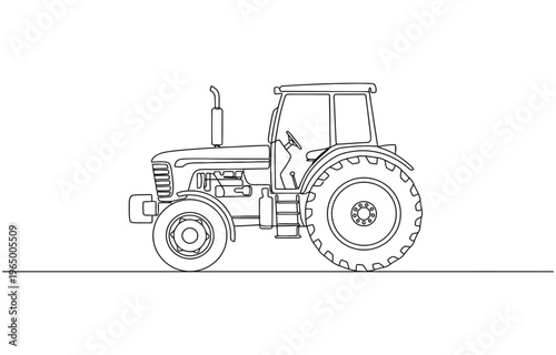 Animated self drawing of continuous line draw a large four-wheel drive agricultural tractor with massive tires and high-clearance cabin.