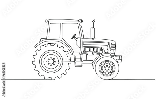 Animated self drawing of continuous line draw a large four-wheel drive agricultural tractor with massive tires and high-clearance cabin.
