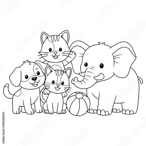 Coloring Page for Kids with Dog Cat and Elephant