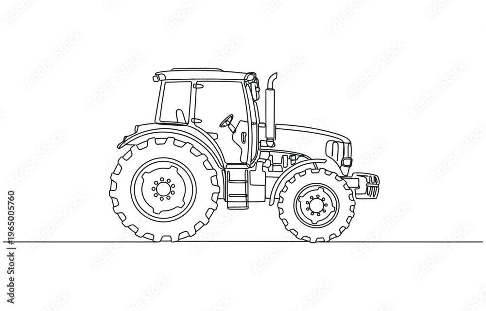 Obraz premium Animated self drawing of continuous line draw a large four-wheel drive agricultural tractor with massive tires and high-clearance cabin.