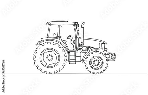 Animated self drawing of continuous line draw a large four-wheel drive agricultural tractor with massive tires and high-clearance cabin.