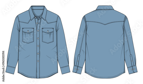 This light blue long sleeve button up shirt features Western yokes and dual chest pockets, serving as a versatile apparel template for clothing manufacturers and garment producers.