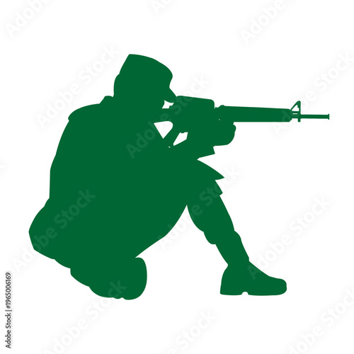 Green silhouette of a soldier in a tactical crouching position, aiming a rifle, on a white background.