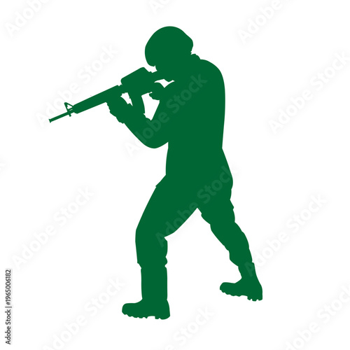 Green silhouette of a soldier in a combat stance holding a rifle, ready for action.
