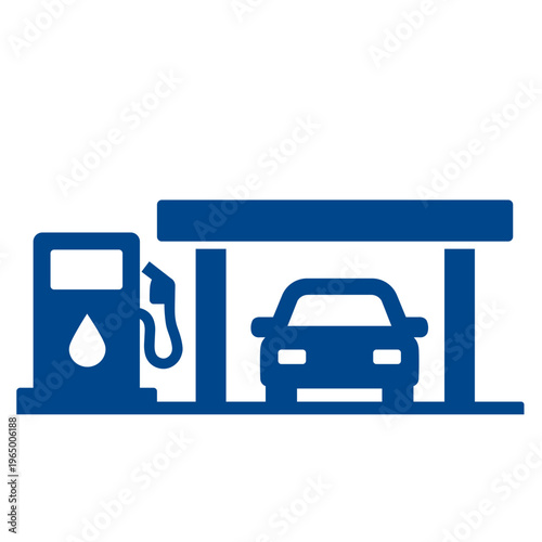 A blue silhouette icon depicting a car being refueled at a gas station with a pump and canopy, representing vehicle services.