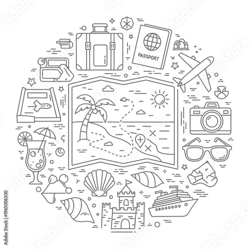 Summer vacation line art icons circle