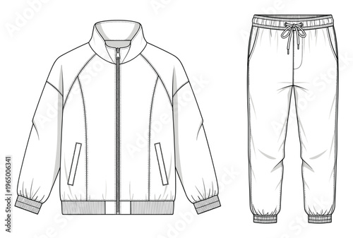 Technical flat sketch of a contemporary sports tracksuit featuring a fullzip jacket with raglan sleeves and drawstring elasticated jogger pants for athletic apparel design development
