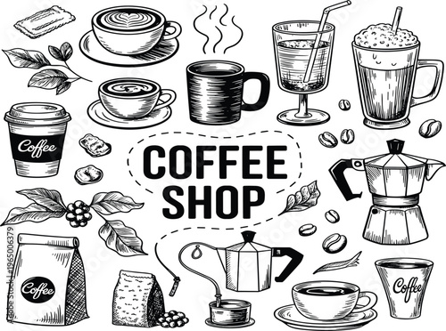 Coffee shop vector collection, hand drawn sketch set of coffee beverages, moka pot, beans, and equipment isolated on white background