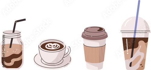 Coffee drink vector collection, set of flat icons including iced coffee in a mason jar, hot latte in a ceramic cup, and takeaway coffee cups, isolated on white background