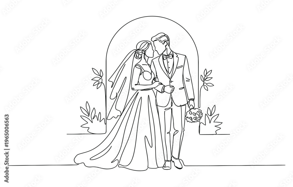 Obraz premium One line continuous drawing of elegant bride and groom, minimalist wedding couple line art.