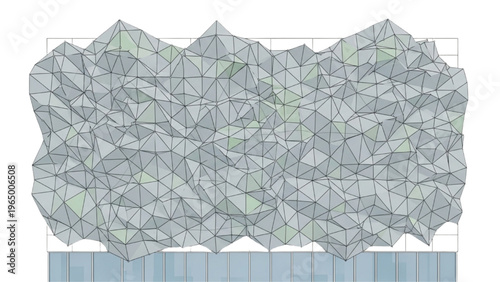 Digital rendering of an innovative architectural concept with a striking crumpled triangular facade