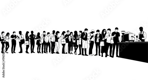 A long line of people waiting patiently at a counter.