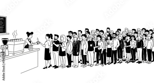 A long line of people waiting patiently at a counter with a server.