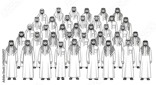 Group of Arab men in traditional attire standing together.