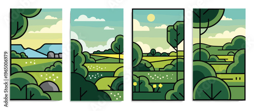 Linear landscape collection showcasing various natural outdoor environments with green trees, rolling hills, open fields, and serene skies perfect for modern environmental campaigns or