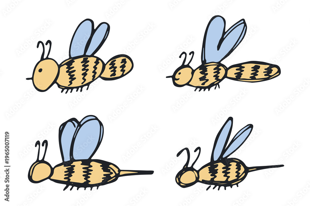Obraz premium Set of hand drawn happy funny cute honey bee clipart Adorable flying striped insect friendly kawaii bumble bee For kids print, web, design, decor, logo
