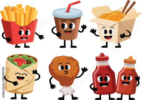 Fast food character vector collection, set of cute cartoon icons including french fries, soda, noodles, burrito, fried chicken, and condiments, isolated on white background