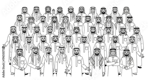 Group of Arab men in traditional attire, standing together.