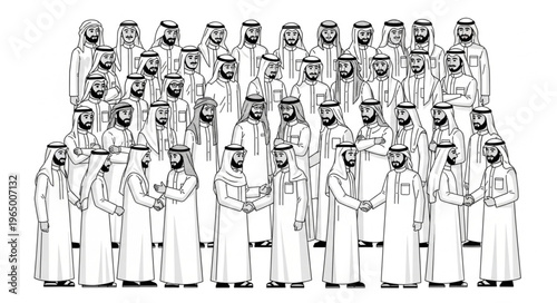 Group of Arab men in traditional attire standing together.