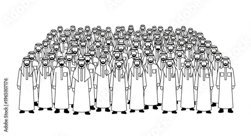 Group of Arab men in traditional attire standing together.