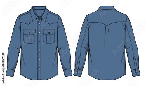 Classic mens blue long sleeve denim shirt with front and back views ideal for showcasing casual clothing apparel and workwear product development in fashion catalogs