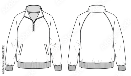 Technical flat sketch of a mens quarter zip pullover sweatshirt or jacket with raglan sleeves and ribbed cuffs, ideal for apparel product development and sportswear fashion design templates.
