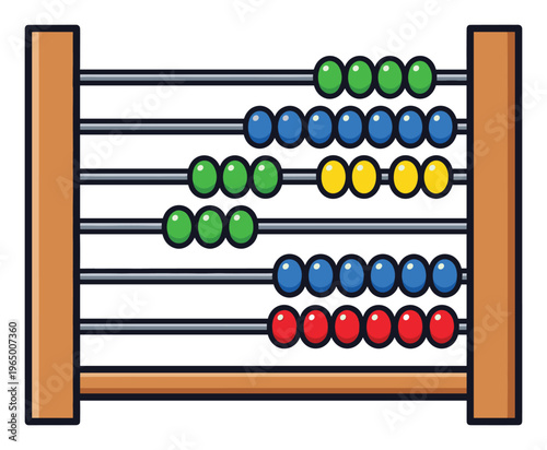 Colorful abacus featuring rows of green, blue, yellow, and red counting beads, ideal for educational content, early childhood learning, mathematics instruction, and arithmetic teaching
