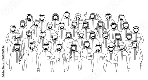 Group of Arab men in traditional attire standing together.