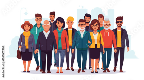 A diverse group of multigenerational men and women stand together representing community and social inclusion, perfect for conveying population demographics or team unity in business