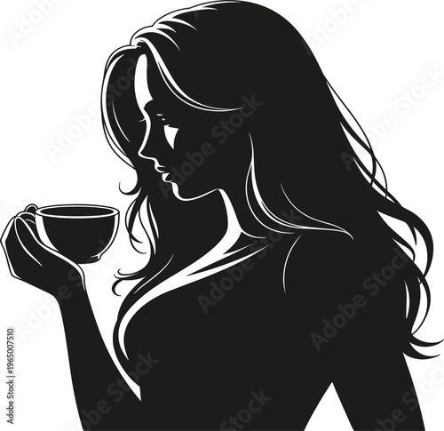 Woman drinking coffee silhouette, illustration of a young woman with long hair holding a cup, isolated on white background