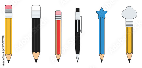 Collection of diverse writing instruments including classic pencils, unique novelty pencils, and a mechanical pencil, perfect for educational materials or stationery advertisements