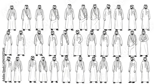 A collection of traditional Arab mens clothing in various poses and styles.