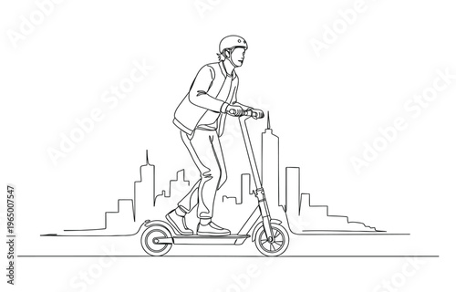 Continuous one line art of young happy businessman ride electric scooter to go to company.