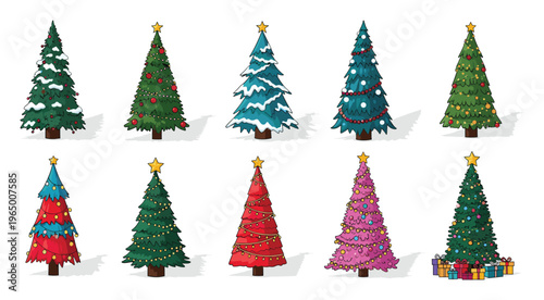 A vibrant collection of festive holiday evergreen trees decorated with ornaments and twinkling lights perfect for seasonal celebrations and winter themed marketing materials