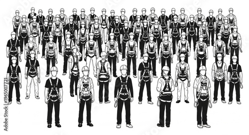 A large group of people wearing harnesses and safety gear.