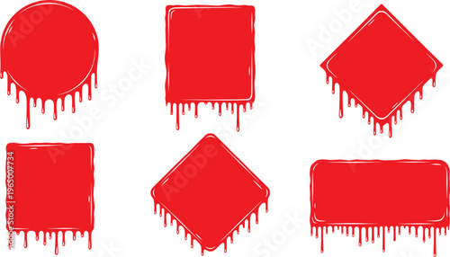 Red paint shapes with drips on white background