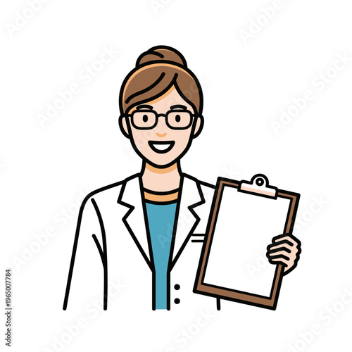 Smiling female doctor with glasses holding a clipboard, professional medical illustration