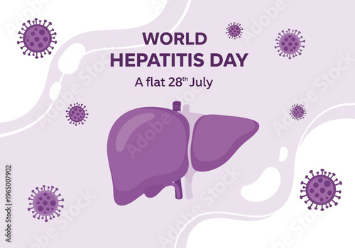 World hepatitis day poster with purple liver and virus on light purple background