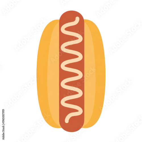 A cartoon style hot dog with a bun and squiggly white condiment