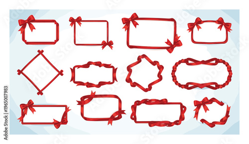 Vibrant red ribbon frames and decorative borders with bows offer versatile design elements for holiday greetings, gift wrapping, invitations, and special occasion announcements.