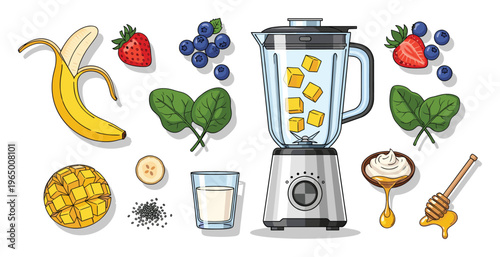 Assortment of fresh fruit, greens, seeds, and a blender for making a wholesome and nutritious smoothie, perfect for promoting healthy eating habits.