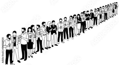 A Long Line of Diverse People Waiting Patiently.