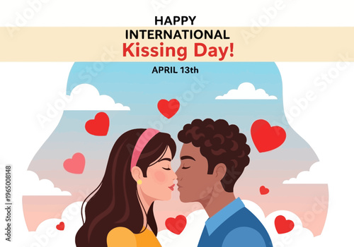 Couple kissing on international kissing day with hearts around them