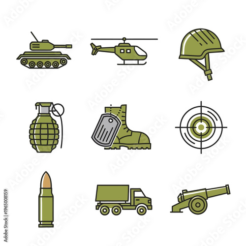 Military Equipment Icons: Tank, Helicopter, Helmet, Grenade, Boot, Target, Bullet, Truck, Cannon