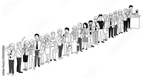 A long line of diverse people waiting patiently.