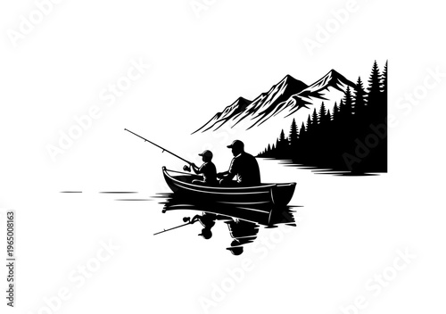 Silhouette Fishing Duo in Mountain Landscape