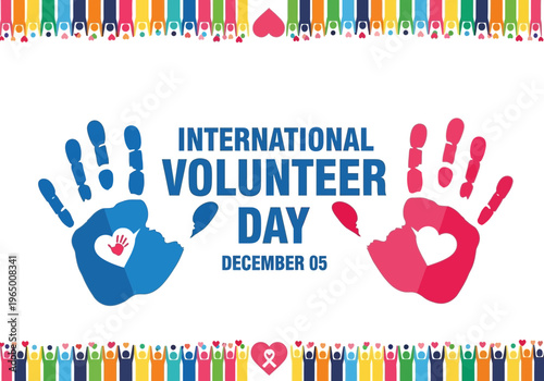 International volunteer day poster with handprints and colorful border