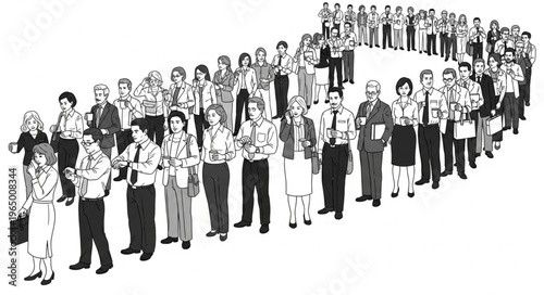 A long line of people forming a question mark shape.