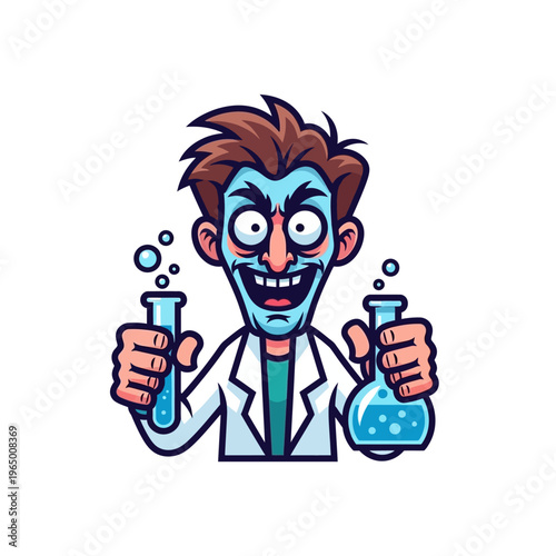 Crazy Scientist Character Holding Test Tubes with Bubbling Blue Liquid