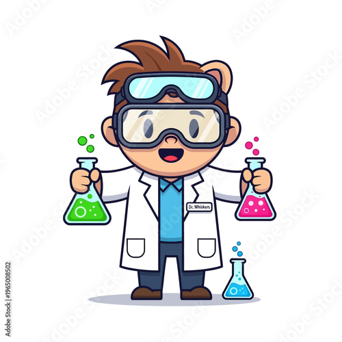 Cute cartoon boy scientist holding colorful chemical flasks with bubbling liquids